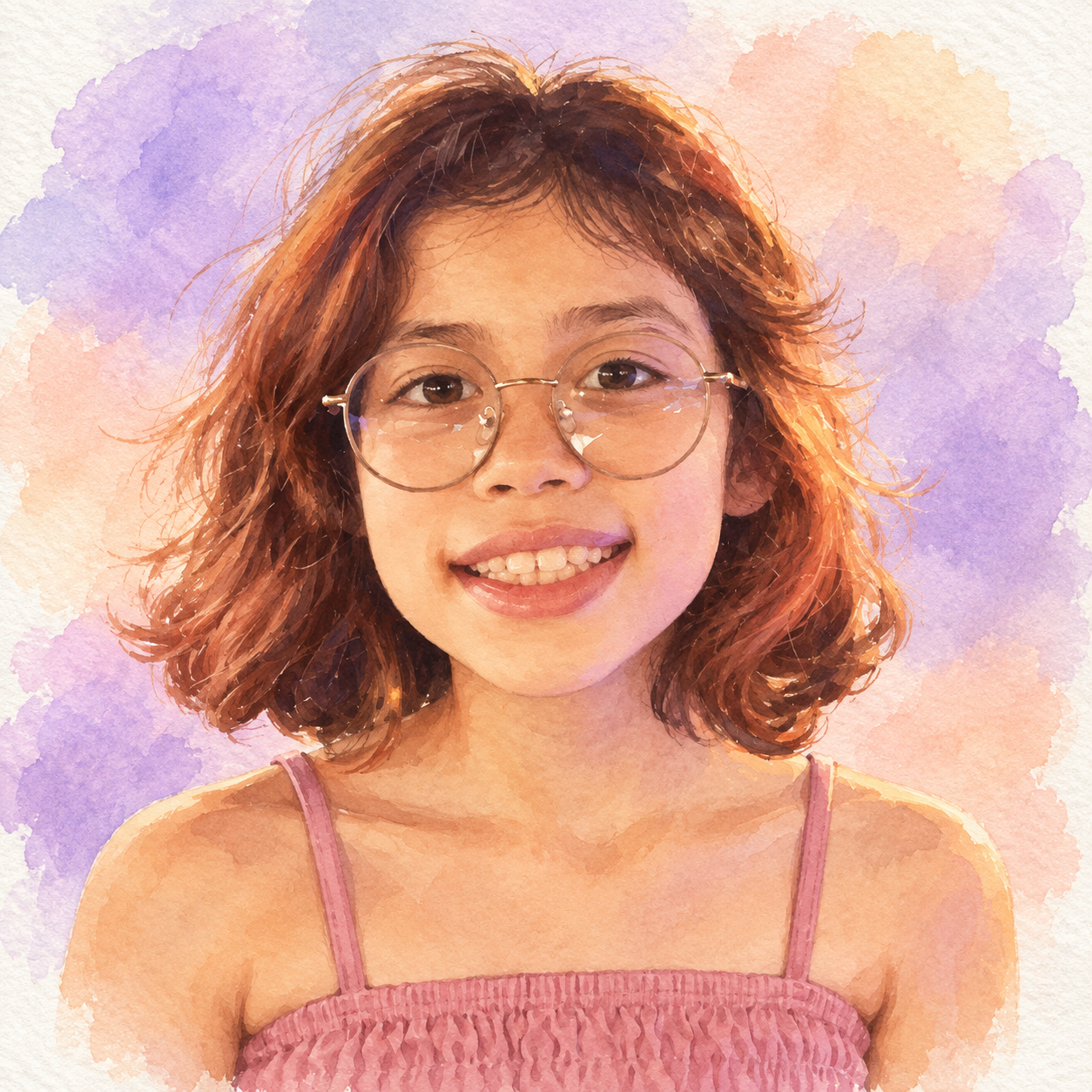 Retrato de Helena em pintura estilizada, sorrindo e usando seus óculos redondos
